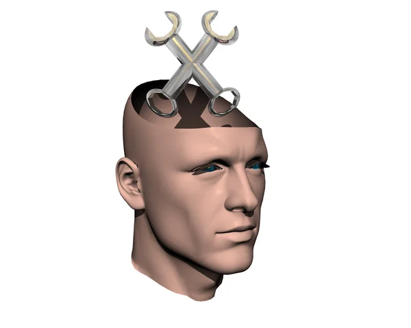 3D men cracked head with spanner — Stock Photo, Image