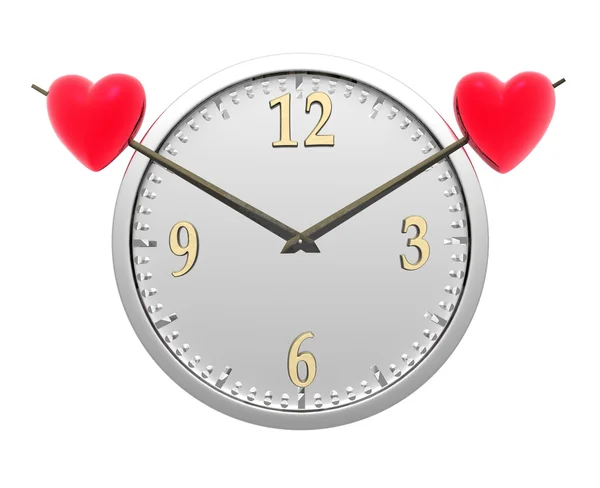Настінний годинник з двома червоними серцями ізольовано на білому — стокове фото