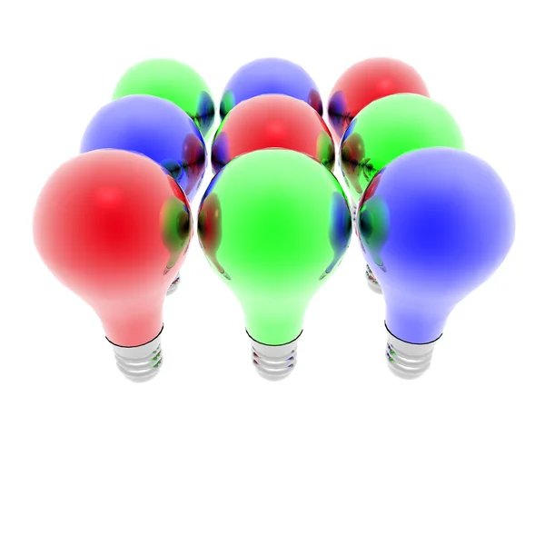 Beyaz bir arka plan üzerinde izole kırmızı, mavi ve yeşil lightbulbs — Stok fotoğraf