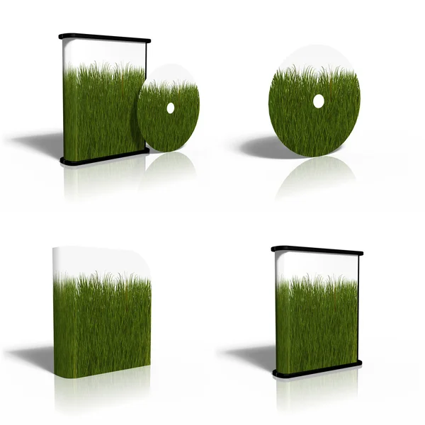Blank CD, DVD, disk box template with green gras — Stock Photo, Image