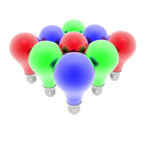Beyaz izole kırmızı, mavi ve yeşil lightbulbs — Stok fotoğraf