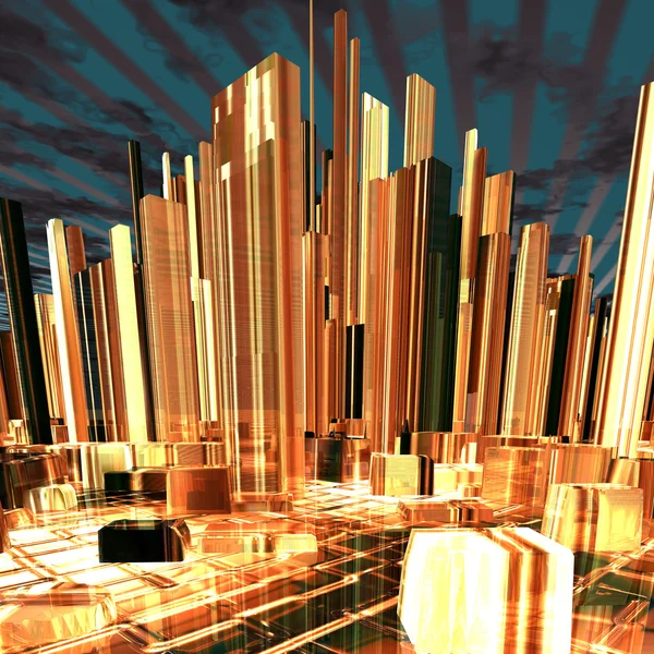 Nacht van de moderne stad met wolkenkrabbers — Stockfoto