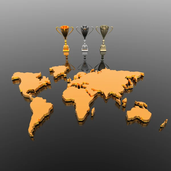 Trophy cups with world map — Stock Photo, Image