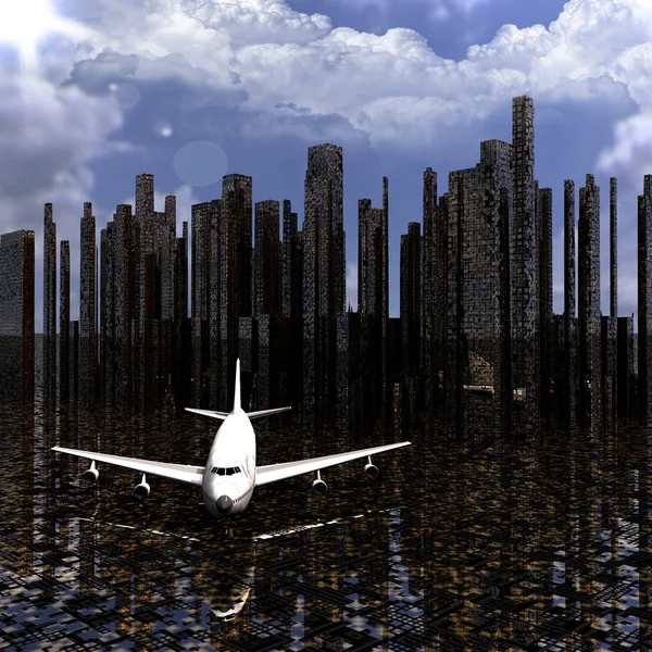 Airliner with a city — Stock Photo, Image
