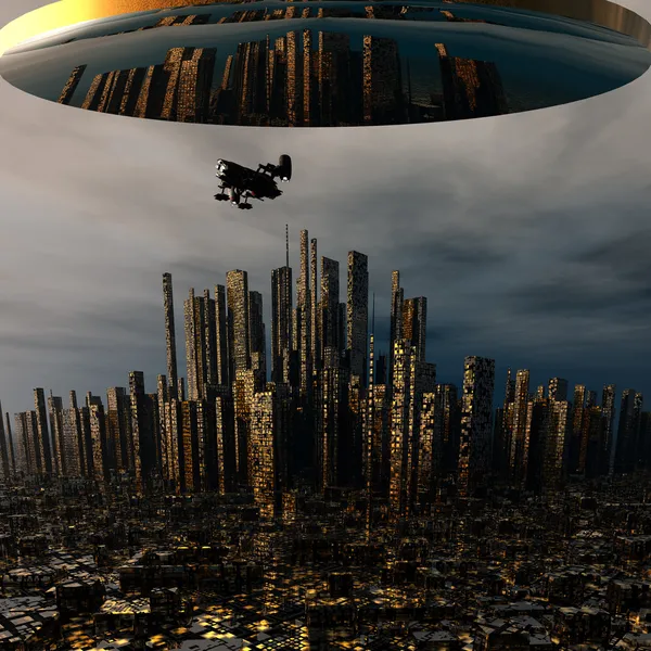 3D инопланетный космический корабль НЛО над ночным городом — стоковое фото