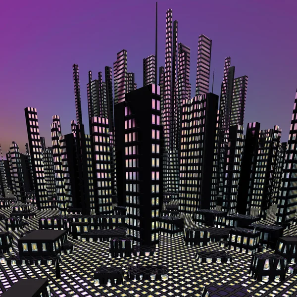 Moderne Nachtstadt mit Wolkenkratzern — Stockfoto