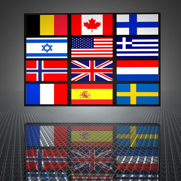 Βίντεο τοίχο με σημαίες στις οθόνες — Φωτογραφία Αρχείου