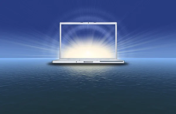 Blank laptop on the sunset in the blue sea — Stock Photo, Image