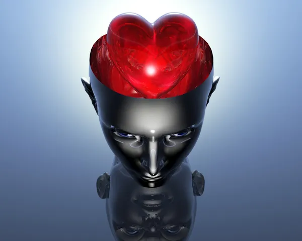 3D-hart in 3d cyborg meisje hoofd — Stockfoto