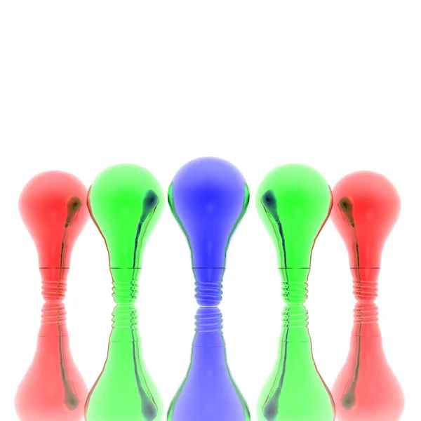 Röd, blå och grön glödlampor isolerad på en vit — Stockfoto