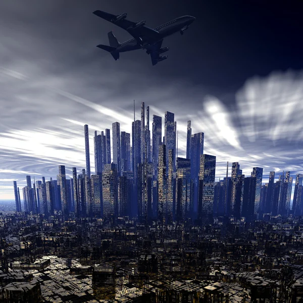 stock image Airliner above city