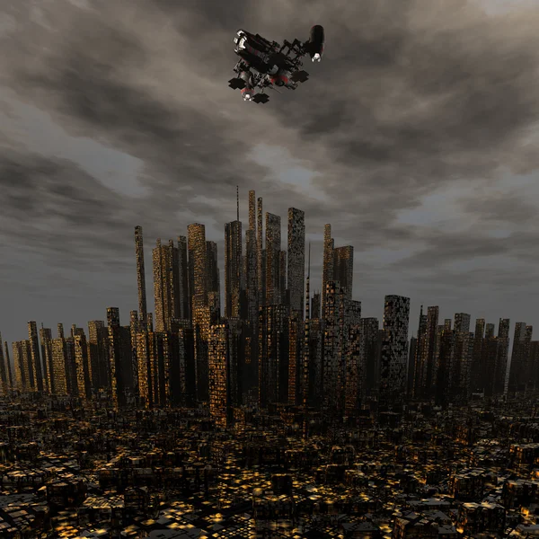 3D инопланетный космический корабль НЛО над ночным городом — стоковое фото