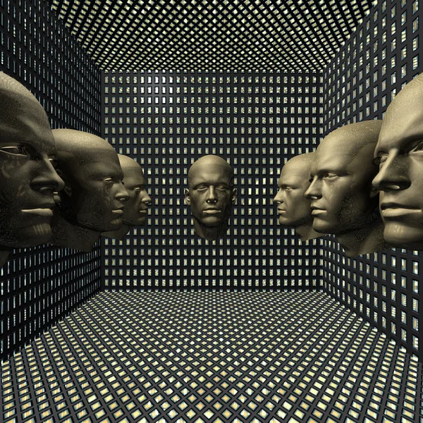 Cyber κεφάλι ρομπότ άνδρες στο δωμάτιο — Φωτογραφία Αρχείου