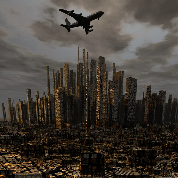 Авиалайнер над городом — стоковое фото