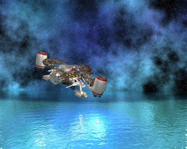 Ruimte schip boven het water — Stockfoto