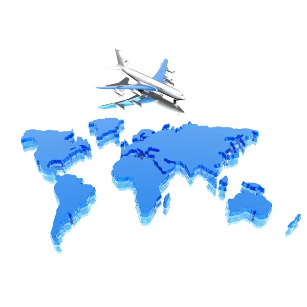 Colorful geographical world map with airplane — Stock Photo, Image