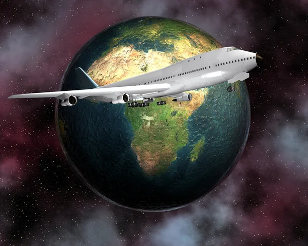 客机与地球在背景中 — 图库照片