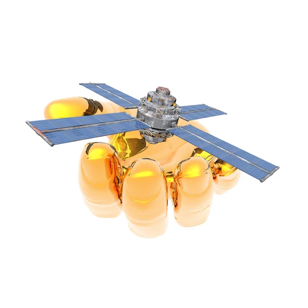 Satelitarna sputnik w ręku na białym tle — Zdjęcie stockowe