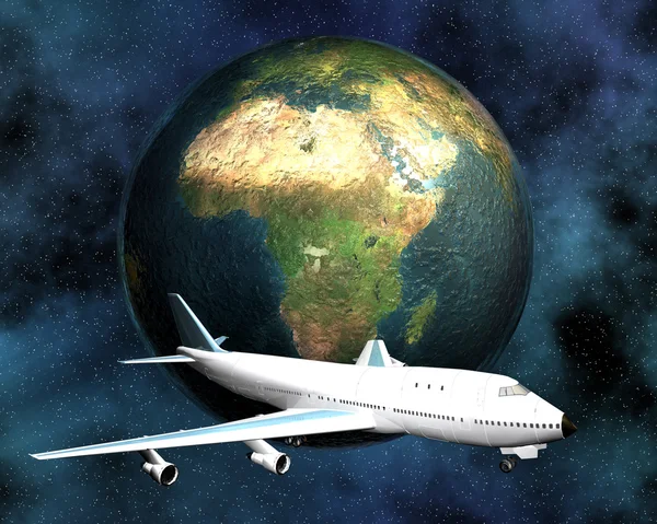 Vliegtuig met een globe in de achtergrond — Stockfoto