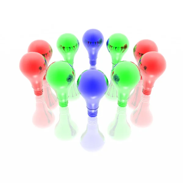 Beyaz bir arka plan üzerinde izole kırmızı, mavi ve yeşil lightbulbs — Stok fotoğraf