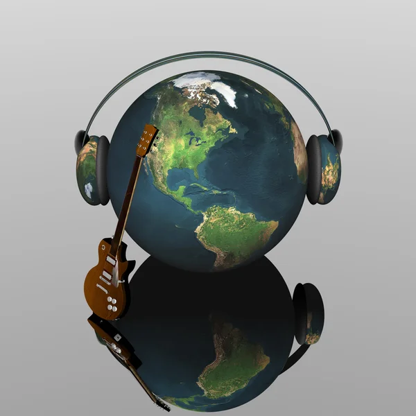 Music earth with headphones and guitar