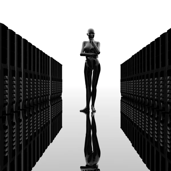 Computer servers in a row with cyber girl — Stock Photo, Image