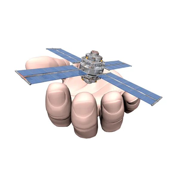 Satelite sputnik in hand isolated on white — Stock Photo, Image