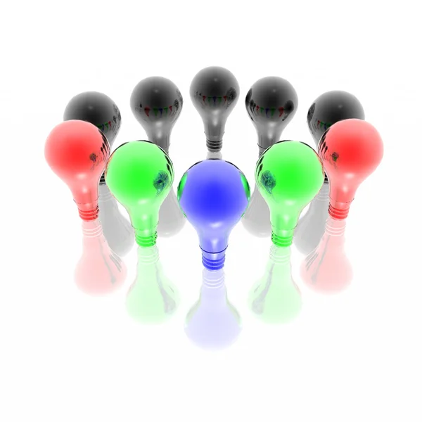 白い背景に分離した赤、青、緑の電球 — ストック写真