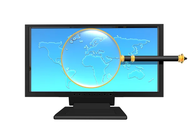 Magnifying glass on monitor isolated on white — Stock Photo, Image