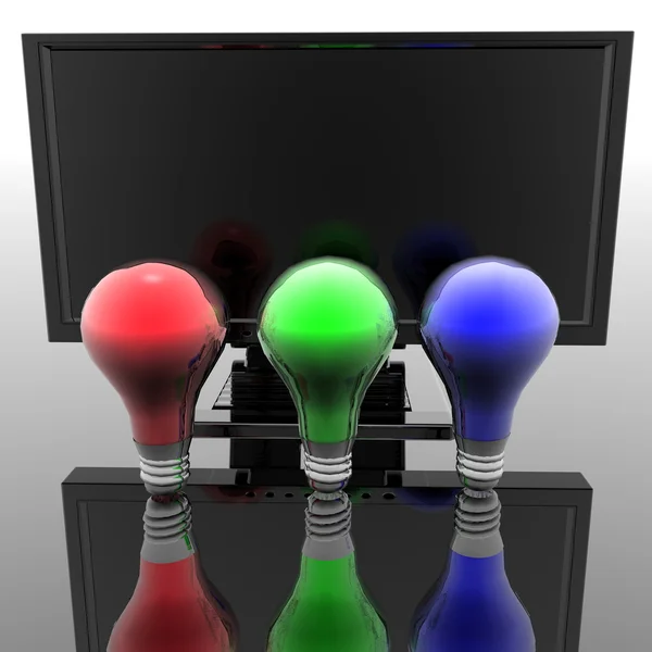 Red, blue and green lightbulbs with computer mon — Stock Photo, Image