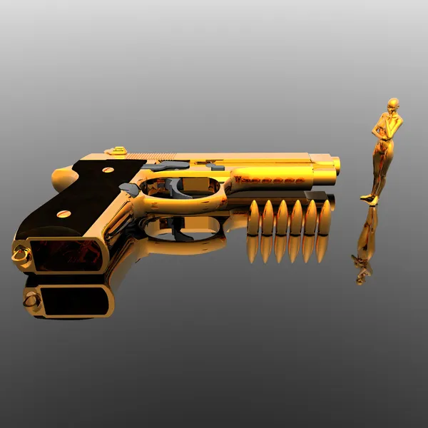 Golden girl with gun — Stock Photo, Image