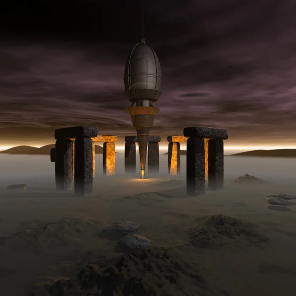 未来的な風景の中のエイリアンの ufo 船 — ストック写真
