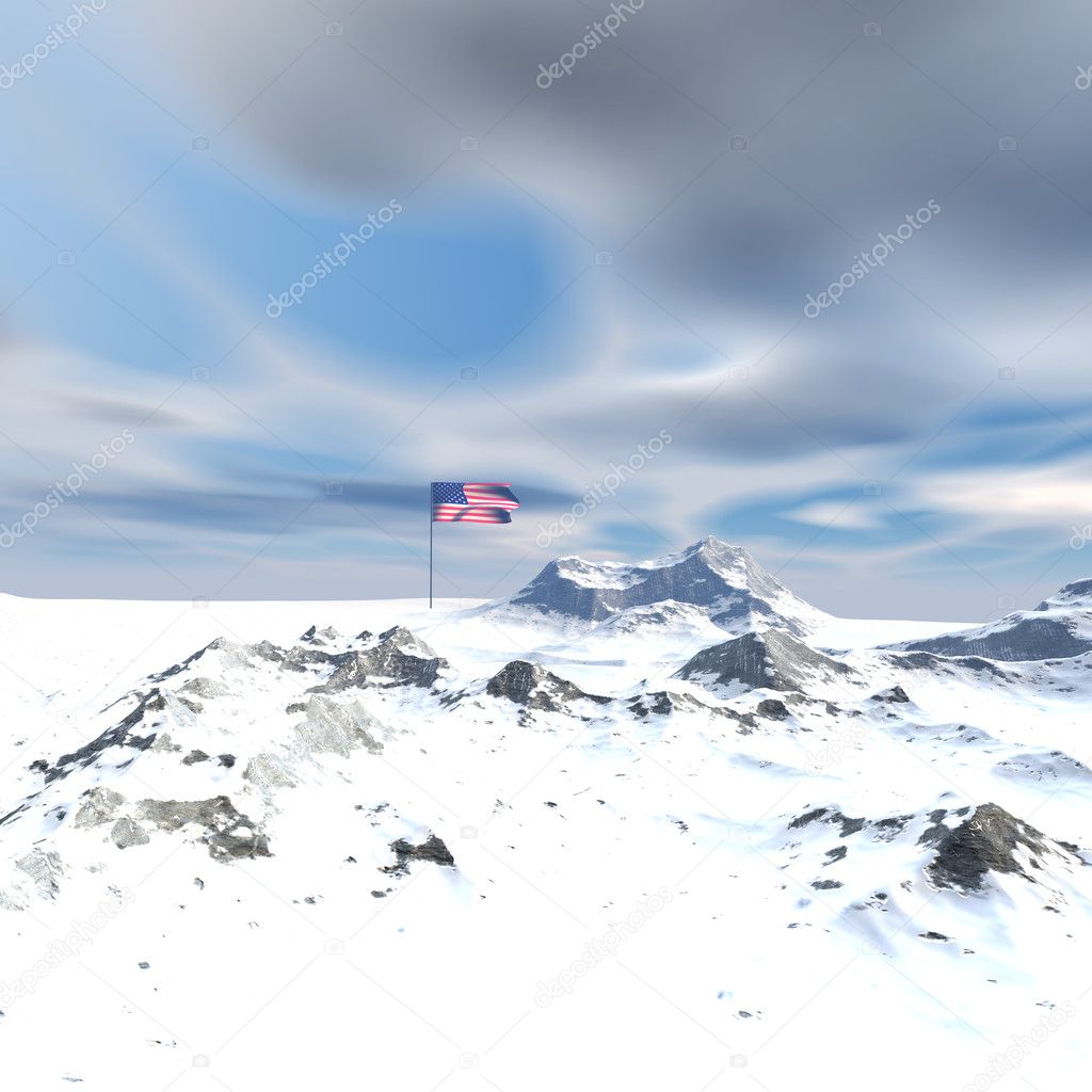 Us flag on the moon with snow landscape