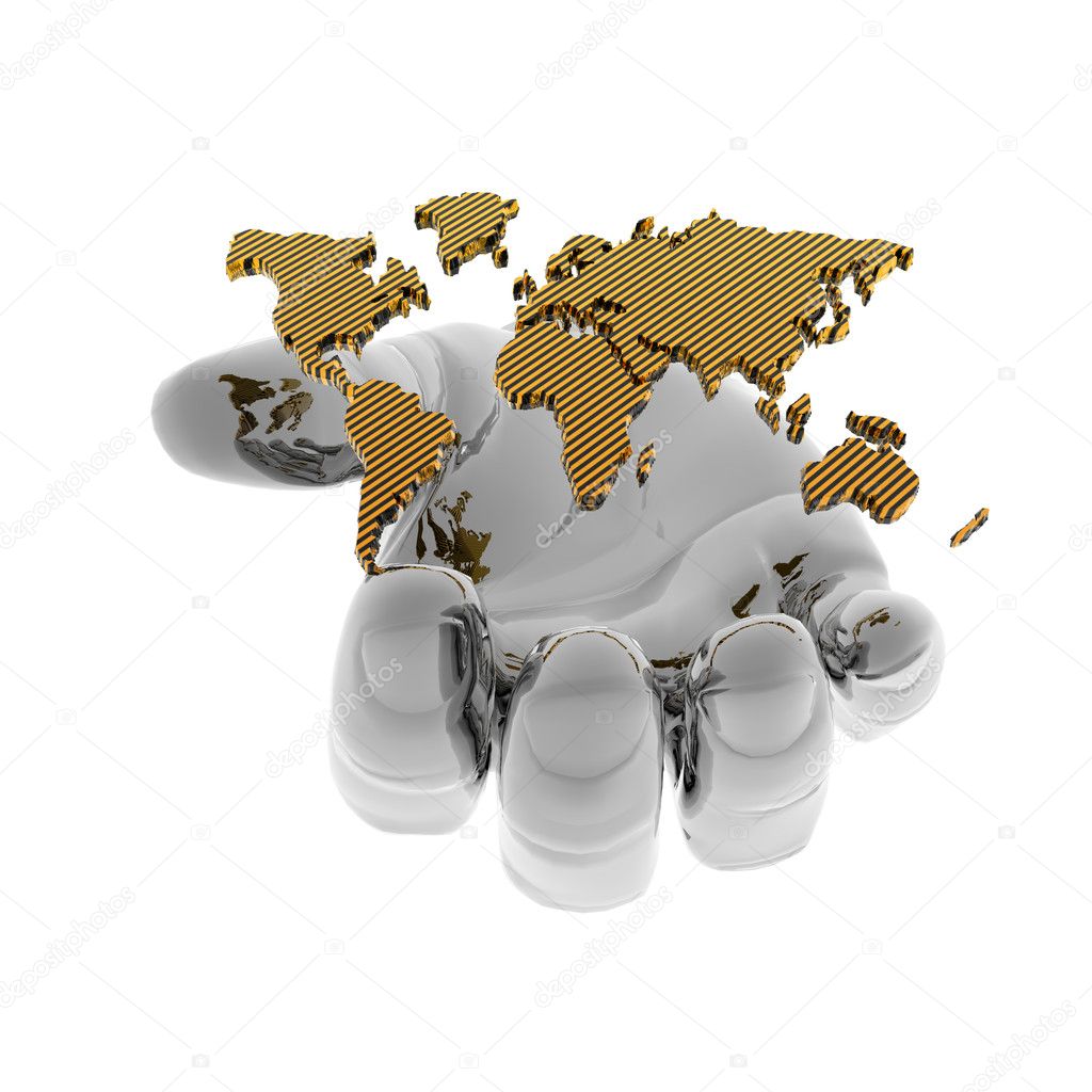 World map in 3d hand isolated on a white
