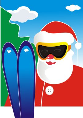 Santa Klaus in ski glasses with skis clipart