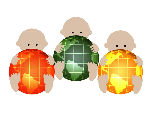 Three babies with globes — Stock Photo, Image