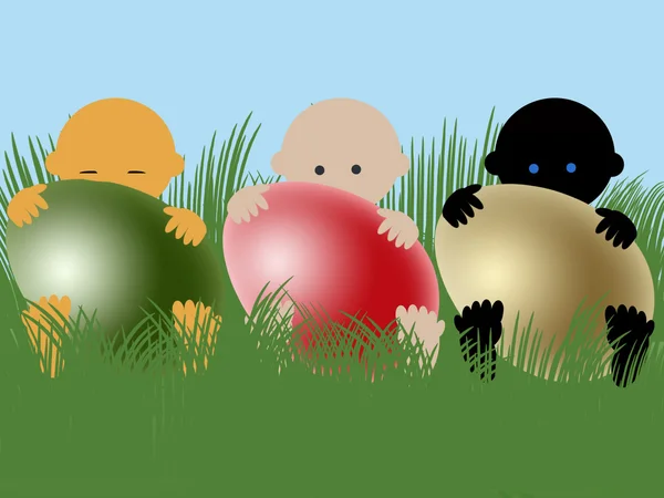 Multiraciale baby's met Pasen eieren — Stockfoto