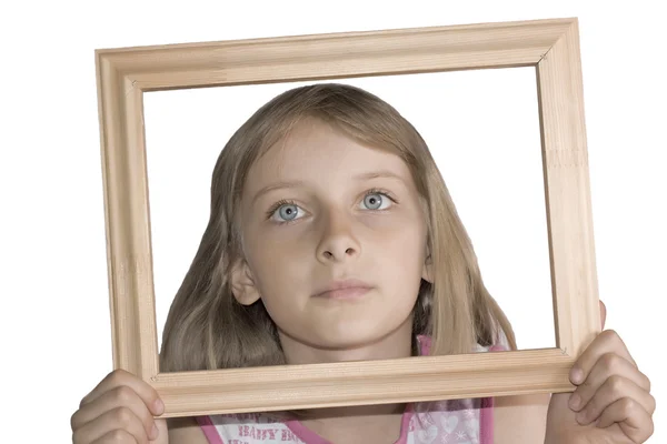 Young beautiful girl with frame — Stock Photo, Image