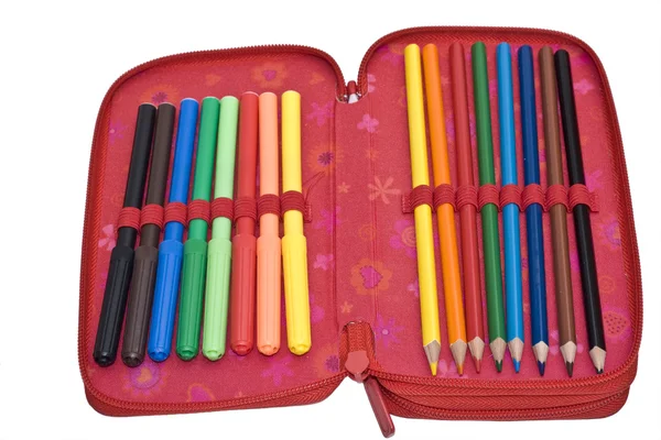 Geval met kleur potloden en pennen voelde — Stockfoto