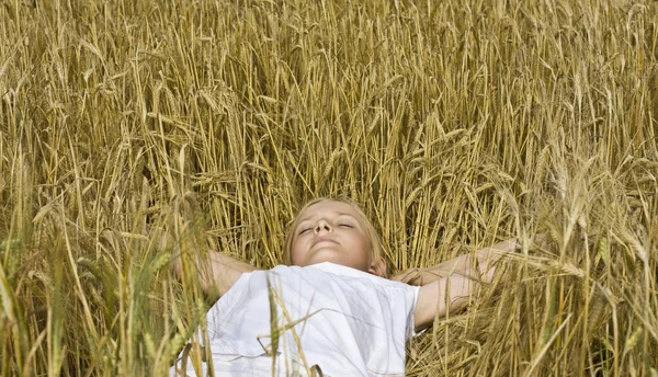 Junges Teenager-Mädchen schläft auf Weizen — Stockfoto