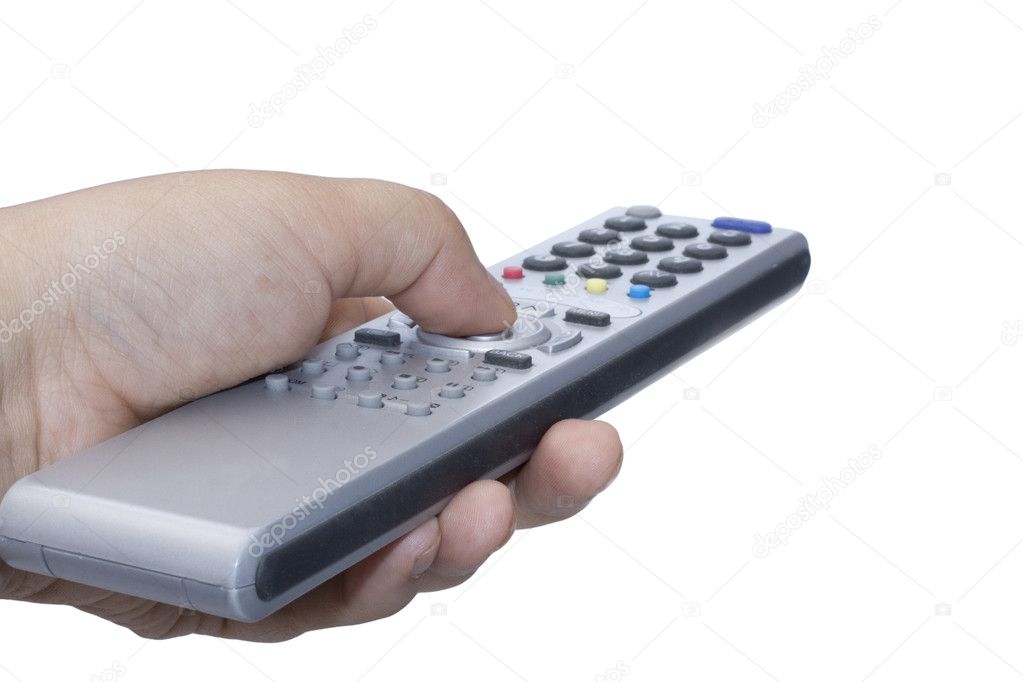 Silver remote control in hand