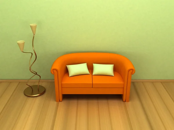 Pohovka v pokoji. 3D vykreslování — Stock fotografie