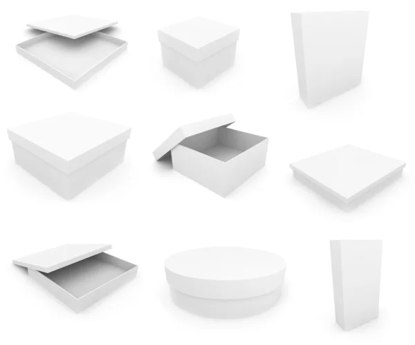 Caixas brancas sobre fundo branco — Fotografia de Stock