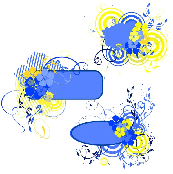 Синьо-жовтий банер з квітами — стоковий вектор