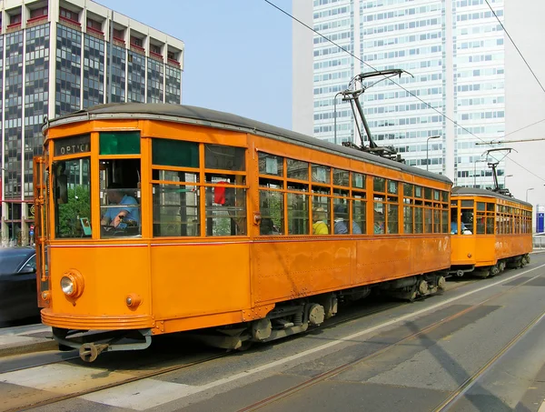 Old orange trams in Milan — Stock Photo, Image
