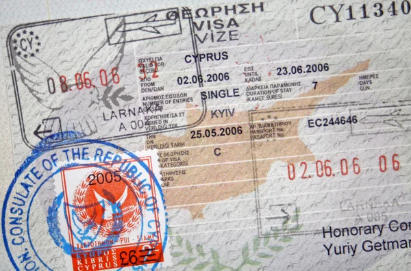 Passport with Cyprus visa and stamps — Stock Photo, Image