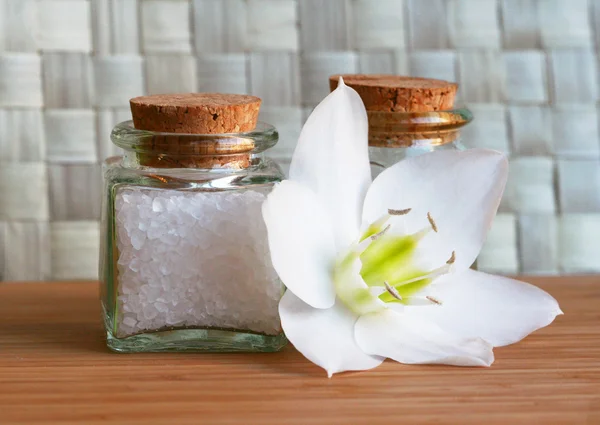 Bottiglie di sale marino e olio con f bianco — Foto Stock