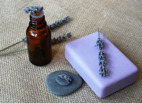Lavendel, fles van essentiële oi — Stockfoto