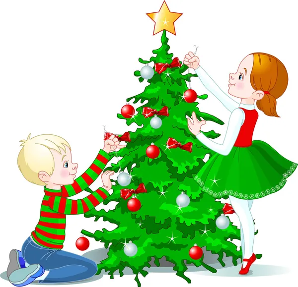 Kinder schmücken einen Weihnachtsbaum — Stockvektor
