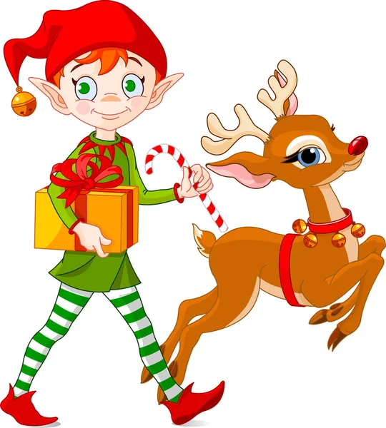 Elfo de Navidad y Rudolph — Archivo Imágenes Vectoriales